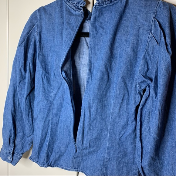 Zara High-Neck Ruffle Denim 3/4 Sleeve Puffy Top - Picture 12 of 14